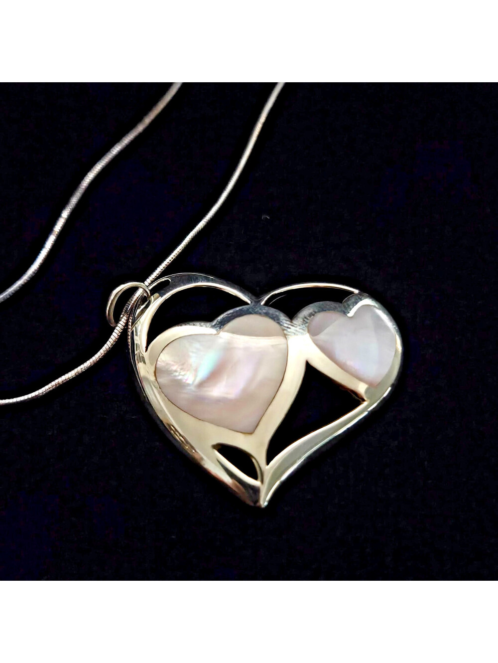 Sterling Silver Pink MOP Double Heart Pendant 18" Chain NIB VTG 2005 QVC Italy